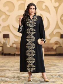 Layrah Vestido tipo kaftan con escote en pico, bordado floral, estilo de fiesta de lujo elegante, tallas grandes