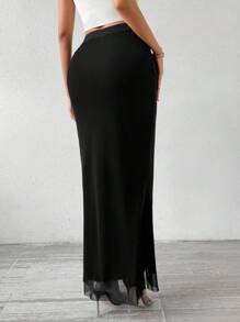 Chiquease 女士雙層網眼透視彈性魚尾擺半身裙,v型剪裁腰身