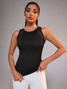 Powerista Mesh Panel See Through Hollow Out Back Athletic Tank Top - Black - View 5
