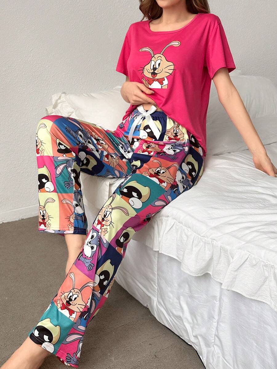Cute Cartoon Printed Pajamas Set - Hot Pink - View 1