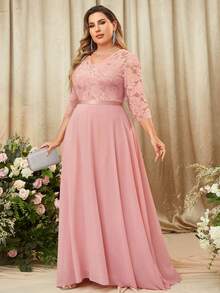 MIUSOL Plus Contrast Floral Lace V-Neck Chiffon Zip Back Formal Party Dress - Pink - View 6