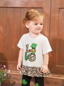SHEIN Baby Girl Leopard Patchwork Short Sleeve Top With Ruffle Trim And Tight Pants Casual Outfit - White - View 5