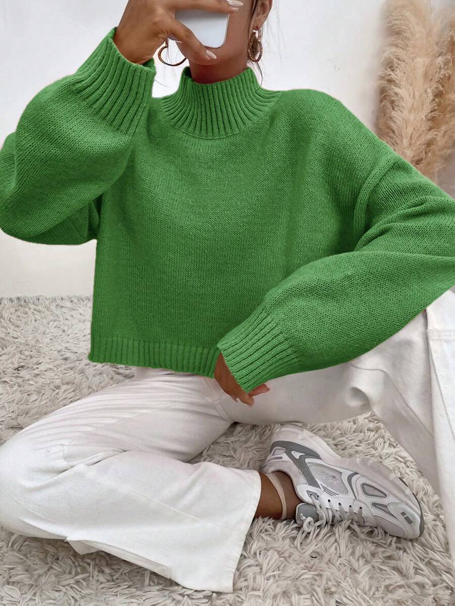 EURMUSE Solid Turtleneck Sweater - Green - View 1