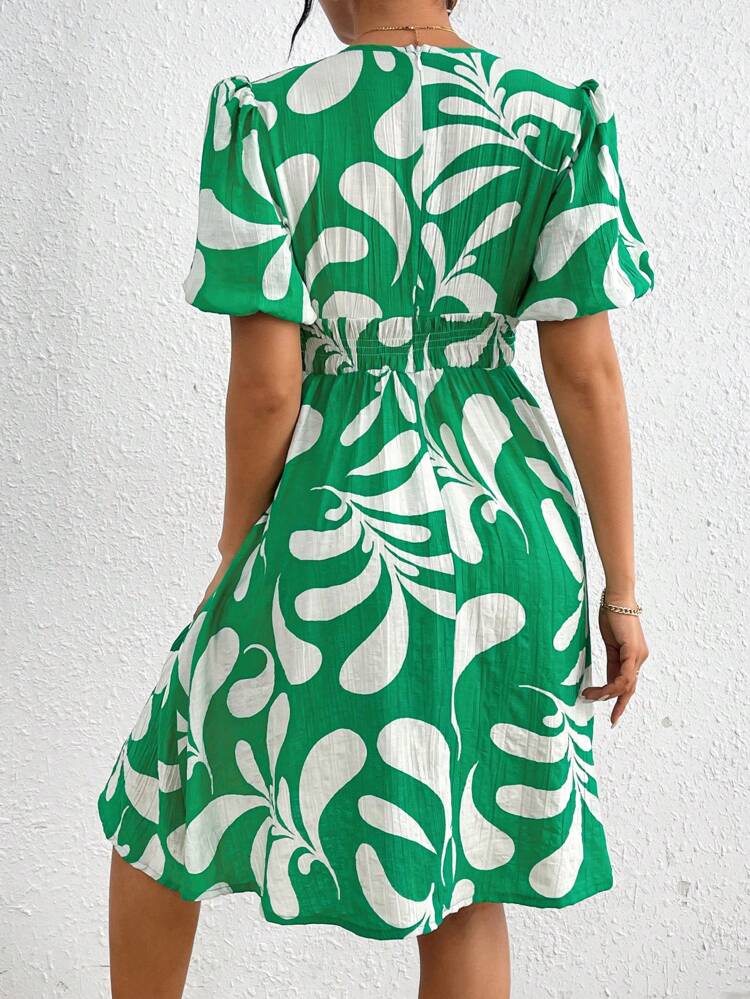 V-Neck Puff Short Sleeve Dress