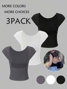 SHEIN LUNE Women's Solid Color Ribbed Round Collar T-Shirt - Multicolor - View 1