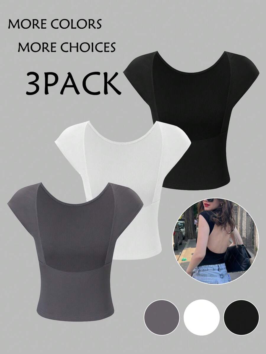 SHEIN LUNE Women's Solid Color Ribbed Round Collar T-Shirt - Multicolor - View 1