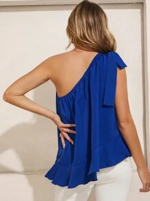 SHEIN Clasi Women's One-Shoulder Ruffle Hem Blouse - Blue - View 2