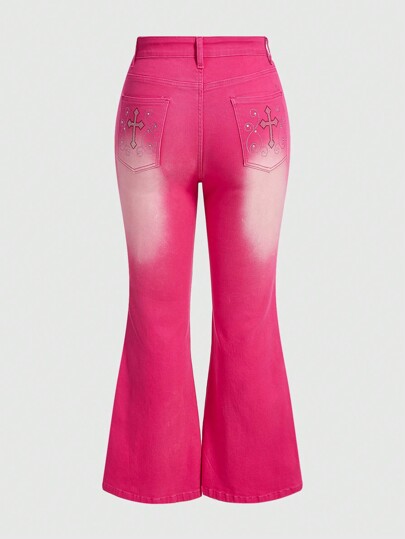 Kawaii Plus Size Ausgestellte Jeans Für Damen Mit Strass Verziertem Kreuz