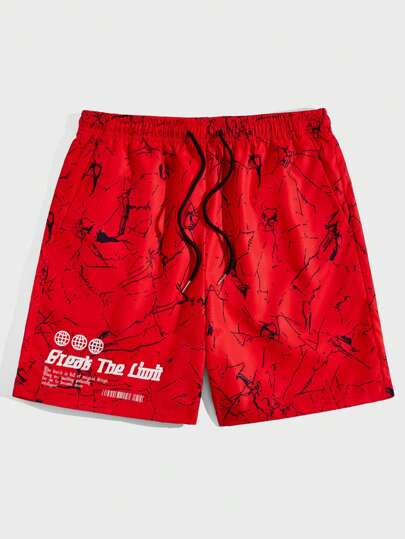 Street Life Herren Batik Slogan Grafik Shorts mit elastischem Bund und Kordelzug, Schule