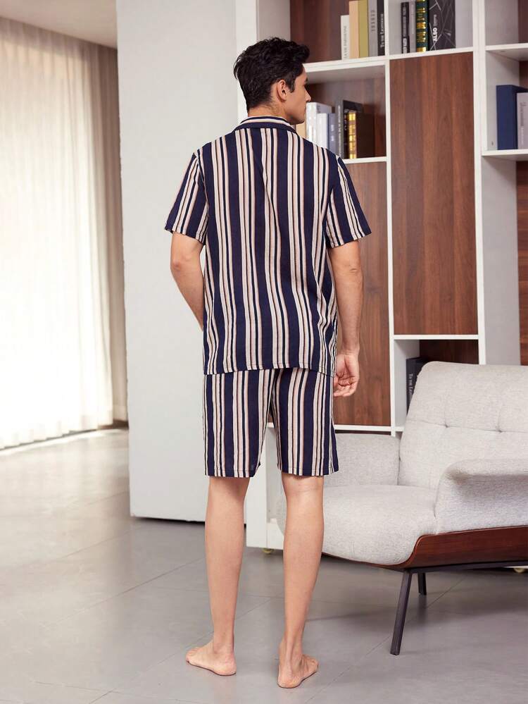 Men's Striped Short Sleeve Shirt And Shorts Set For Home Wear