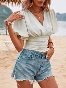 SHEIN LUNE 女士蝴蝶袖荷葉邊細節上衣 - 杏色 - 查看 3