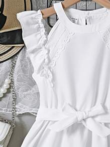 SHEIN Vestido Blanco De Manga Corta Y Sin Mangas Para Chicas Adolescentes - Blanco - Ver 3