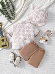 Baby Boy Bow Tie Gingham Short Sleeve Shirt, Shorts And Hat Outfit Set - Brown - View 2