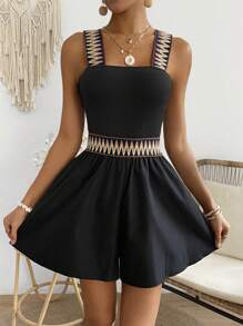 SHEIN Unity 女性幾何紋織花彈性腰帶拼接連體褲 - 黑色 - 查看 5