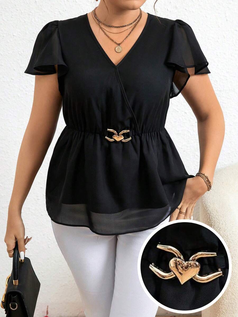 SHEIN Clasi Kích thước lớn Hai lớp Áo sơ mi Với Kim loại Trang trí Eo Khóa Và Ruffle - màu đen - Xem 1