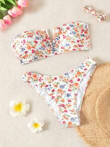 Swim Mod Little Ditsy kwiatowy dwuczęściowy zestaw bikini, zestaw bikini bandeau stroje kąpielowe strój kąpielowy strój plażowy letnie wakacje, letnia plaża