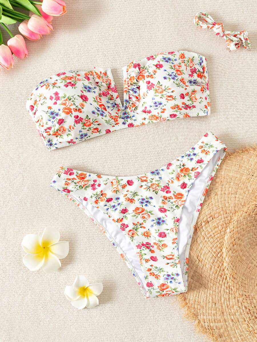 Swim Mod Little Ditsy kwiatowy dwuczęściowy zestaw bikini, zestaw bikini bandeau stroje kąpielowe strój kąpielowy strój plażowy letnie wakacje, letnia plaża