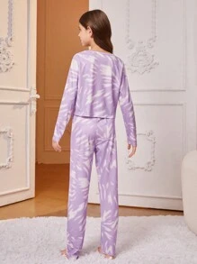 補間女孩紮染長袖休閒時尚家居服 2 件/套 - 紫色 - 查看 2