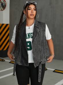 SHEIN ICON Kích thước lớn Của phụ nữ Không tay Áo khoác denim Với Đường chéo Dây kéo Thiết kế - Xám - Xem 1