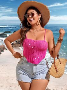 Flirla Plus Size Women's Knitted Buttoned Camisole - Royal Blue - View 4