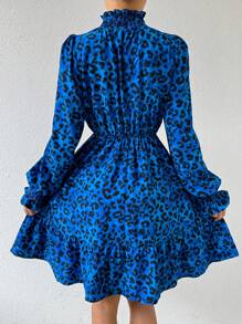 SHEIN Privé 女裝豹紋印花立領連衣裙 - 藍色 - 查看 2