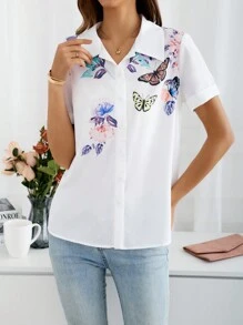 Camisa Blanca De Manga Corta Con Estampado De Mariposas Y Flores Para Mujer - Blanco - Ver 4
