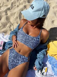 SHEIN Swim Bộ bikini buộc dây họa tiết da báo mùa hè Carnival - Nhiều màu - Xem 4