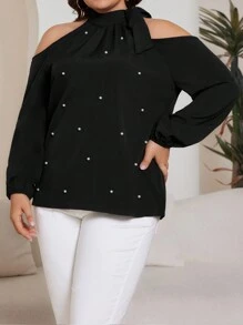 SHEIN Unity Plus Size Women Studded Blouse - Black - View 4
