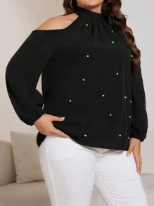 SHEIN Unity Plus Size Women Studded Blouse - Black - View 8