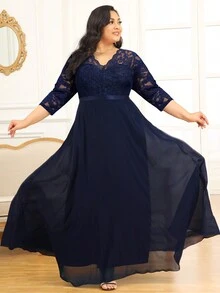 MIUSOL 加大花朵蕾丝撞色雪纺七分袖正式派对长裙、节日女式长裙、优雅女式派对裙、正式晚礼服、舞会礼服、婚礼宾客、毕业典礼、晚宴 - 藏蓝色 - 查看 7