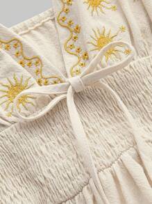 ROMWE Fairycore Women's Renaissance Casual Holiday Star Embroidery Spaghetti Strap A-Line Dress - Beige - View 3