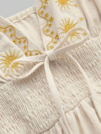 ROMWE Fairycore Vestido casual de línea A con tirantes de espagueti, bordado de estrellas, para vacaciones, estilo renacimiento para mujeres