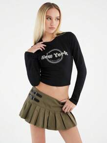 Forever 21 女式休闲街头风格百褶下摆迷你超短裙 - 軍綠色 - 查看 3