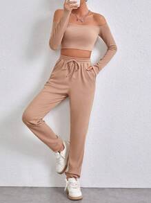 SHEIN Essnce Ladies' Solid Color Casual 2-Piece Set - Khaki - View 4