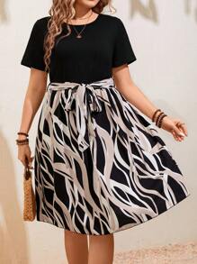 SHEIN LUNE Vestido De Manga Corta Impreso Para Mujer En Talla Grande - Negro - Ver 3