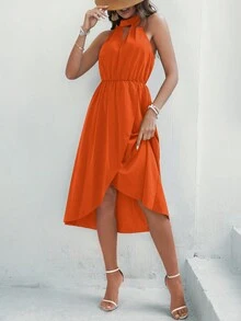 SHEIN Frenchy Women's Asymmetrical Hem Halter Neck Cut Out Dress - Orange - View 4