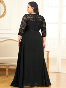 MIUSOL Plus Contrast Lace V-Neck Chiffon Zip Back Formal Party Dress, Wedding Guest Dress, Evening Dress, Gown - Black - View 2