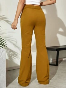 SHEIN Unity Women's Solid Color Flare Pants Fall Cloth For Women - Khaki - View 2