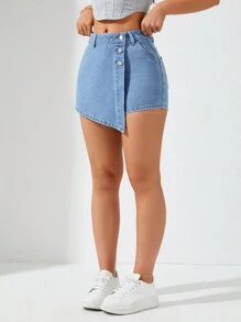 Women's Solid Color Button-Wrap Denim Skort - Medium Wash - View 5