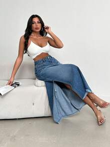 SHEIN Cottnline Ladies' Denim Skirt With Side Slit And Frayed Hem - Blue - View 3