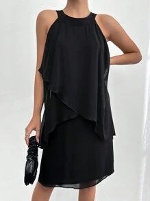 RueChic Women's Splice Halter Neck Ruffle Hem Dress - Black - View 4