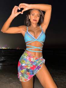 SHEIN Swim 女士热带植物印花比基尼套装夏季海滩 - 彩色 - 查看 5