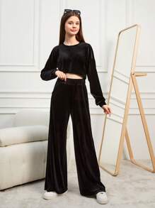 RueChic Teen Girls' Velvet Round Neck Long Sleeve Top And Pants Set