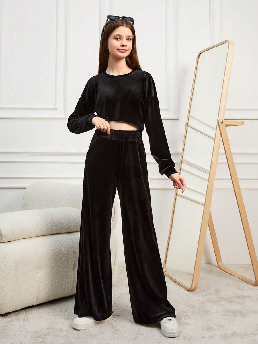 RueChic Teen Girls' Velvet Round Neck Long Sleeve Top And Pants Set