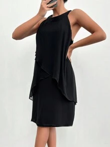 RueChic Women's Splice Halter Neck Ruffle Hem Dress - Black - View 5