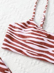 SHEIN Swim Zebra-Striped Fine Shoulder Straps Two-Piece Bikini Set, Wireless - Multicolor - View 4