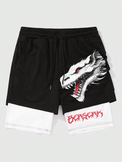 Anime Men's Letter Print 2 In 1 Basketball Athletic Shorts, Breathable, Suitable For Daily Wear In Spring And Summer