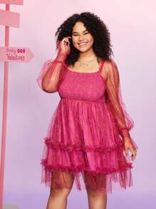 SCOOBY-DOO X SHEIN 加大尺碼卡通圖騰抽褶緊身胸衣泡泡袖連衣裙 - 粉色 - 查看 4