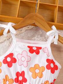 SHEIN Baby Girl Casual Basic Adorable Flower Print Romper With Shoulder Straps For Outdoors In Spring/Summer - Multicolor - View 3