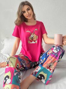 Cute Cartoon Printed Pajamas Set - Hot Pink - View 5